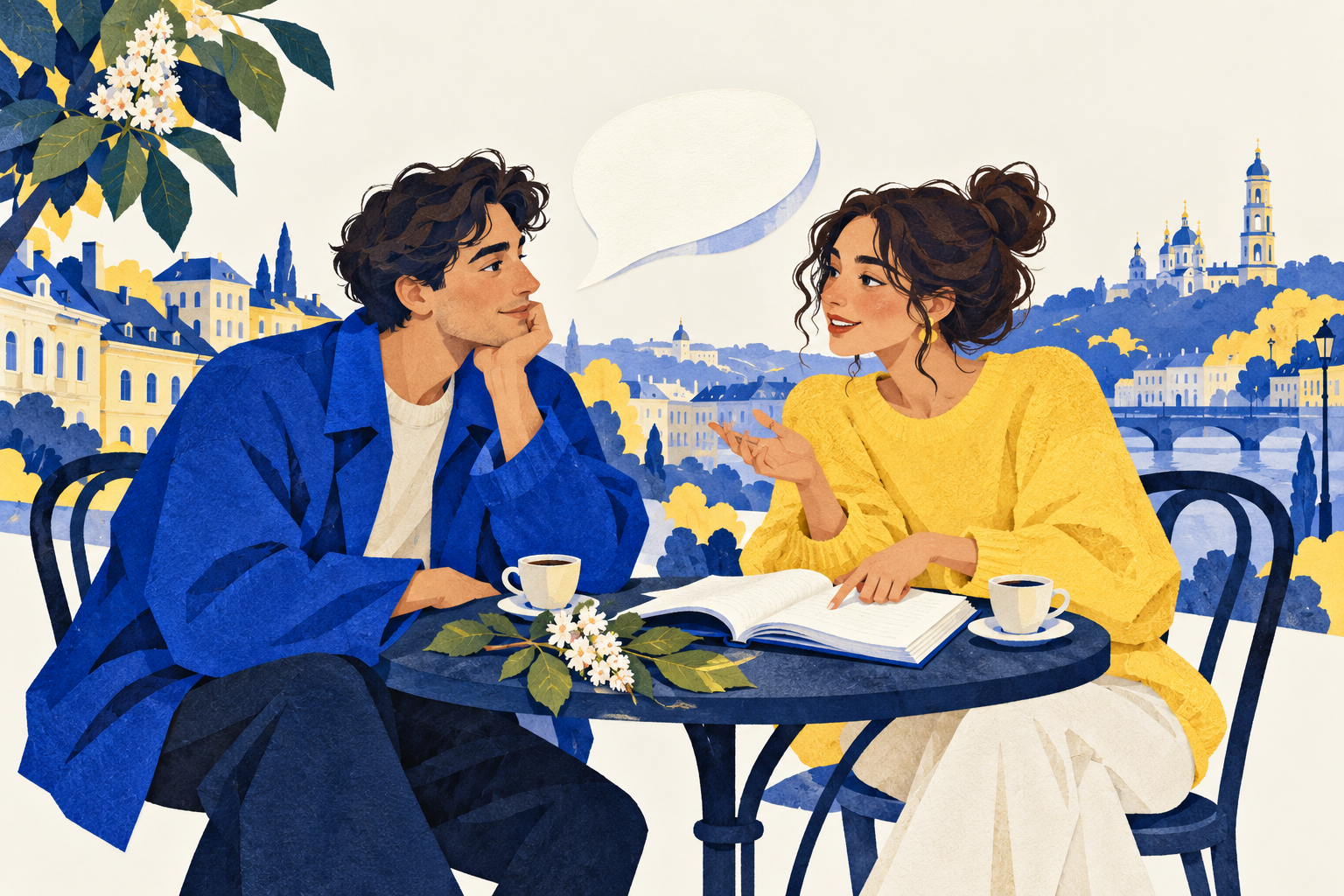 Dos personas conversan y aprenden juntas en un café inspirado en Kyiv