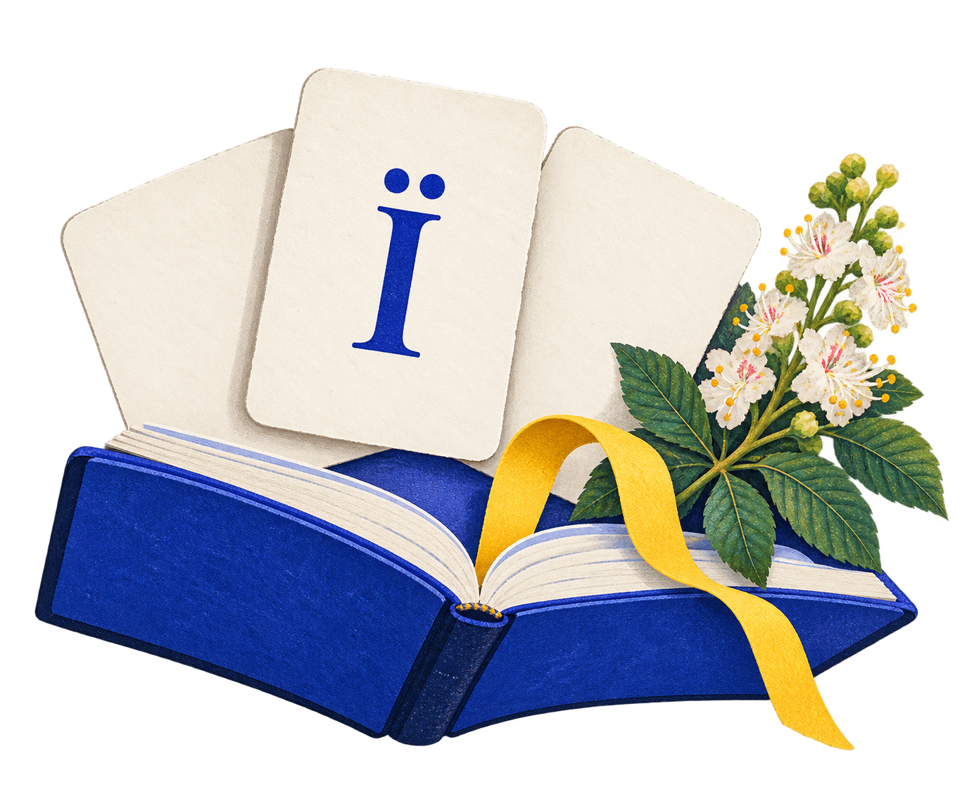 Tarjetas de vocabulario sobre un libro, con la letra Ї y flores de castaño